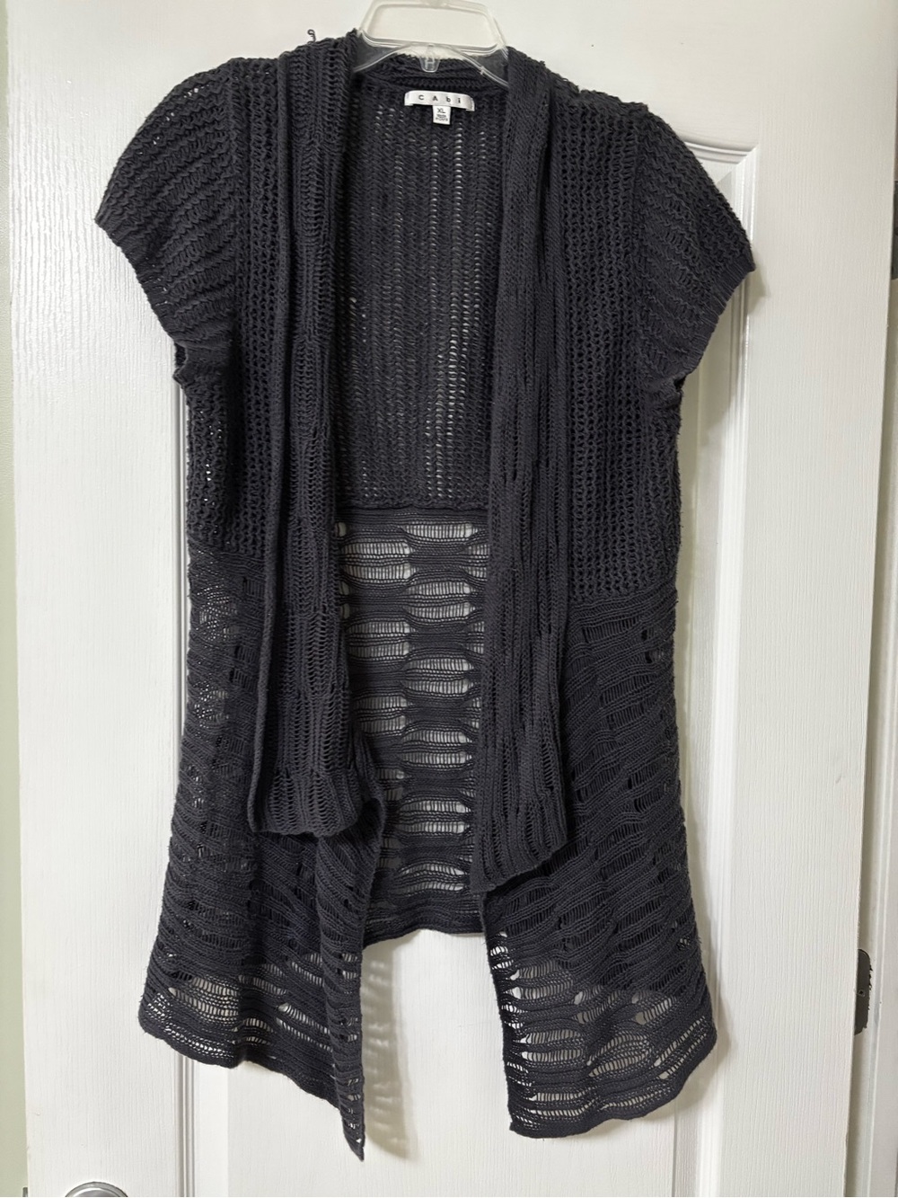 CAbi Vintage Blue-Gray Short-Sleeve Open Knit Cardigan.  Cottage Cardigan. XL